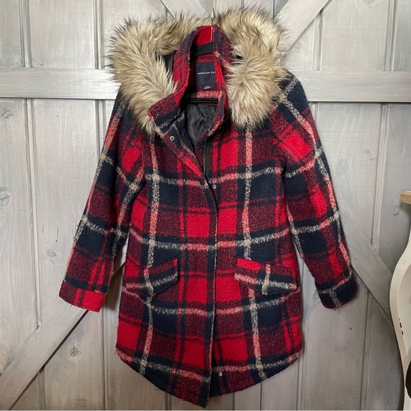 American Eagle Plaid Jacket Wool Blend Fully Lined Size‎ Small Fur Hood Y2K - Picture 1 of 9